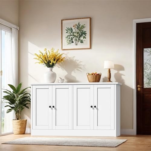 White Buffet Cabinet with Storage, 49" Modern Kitchen Sideboard with 4 Doors & Adjustable Shelves, Wood Coffee Bar Cabinet Console Table for Dining Room, Living Room, Entryway
