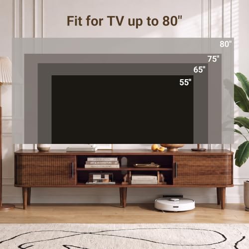 70" TV Stand with Rolling Doors and Storage, Mid-Century, Walnut, view 6