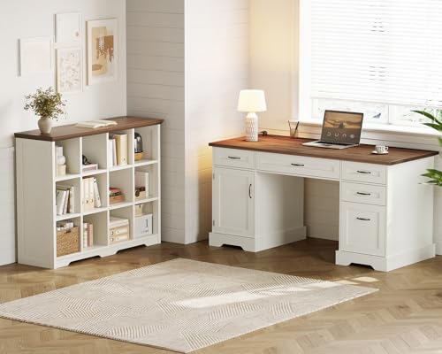 Farmhouse 59 Inch Executive Desk with Drawers, Walnut+White, view 4