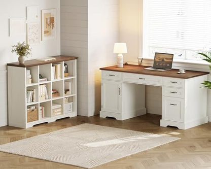 Farmhouse 59 Inch Executive Desk with Drawers, Walnut+White, view 4
