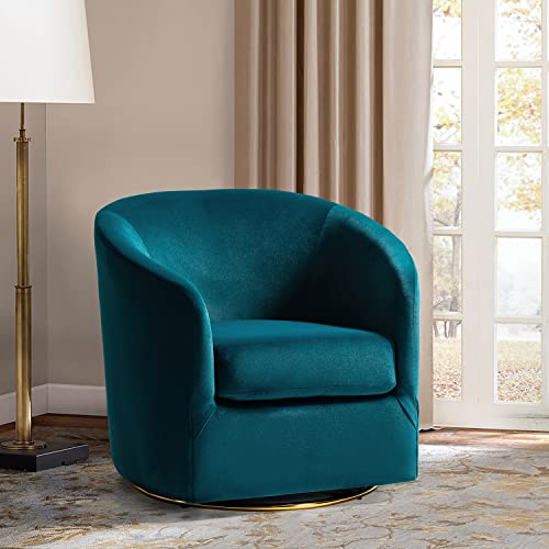 Swivel Accent Chair with Gold Metal Base, Contemporary Velvet Curved Swivel Barrel Chair, Upholstered Club Armchair, Leisure Single Sofa for Living Room, Nursery, Bedroom(Teal)