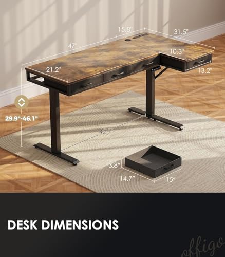 63 Inch L Shaped Electric Standing Desk with 4 Drawers, Rustic Brown, view 4