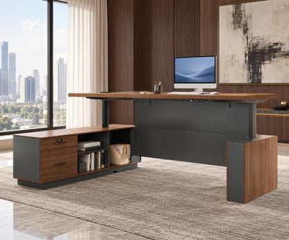 79" L-Shaped Executive Standing Desk, 4 Memory Presets, File Drawer, Power, view 2