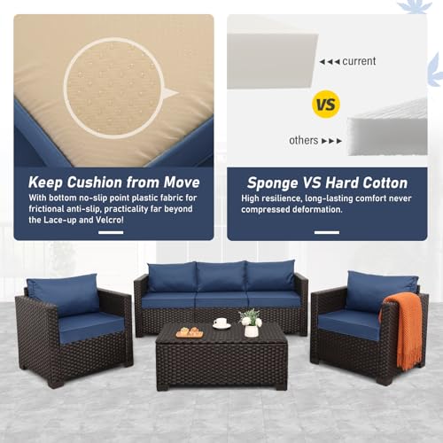 4 Piece Patio Furniture Set 45In Fire Pit Table Outdoor Furniture Sets Patio Couch Outdoor Chairs 50000 BTU Propane Fire Pit with No-Slip Cushions and Waterproof Covers, Navy Blue