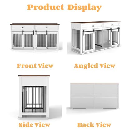 63'' Double Dog Crate Furniture, XXL Dog Kennel TV Stand,White, view 6