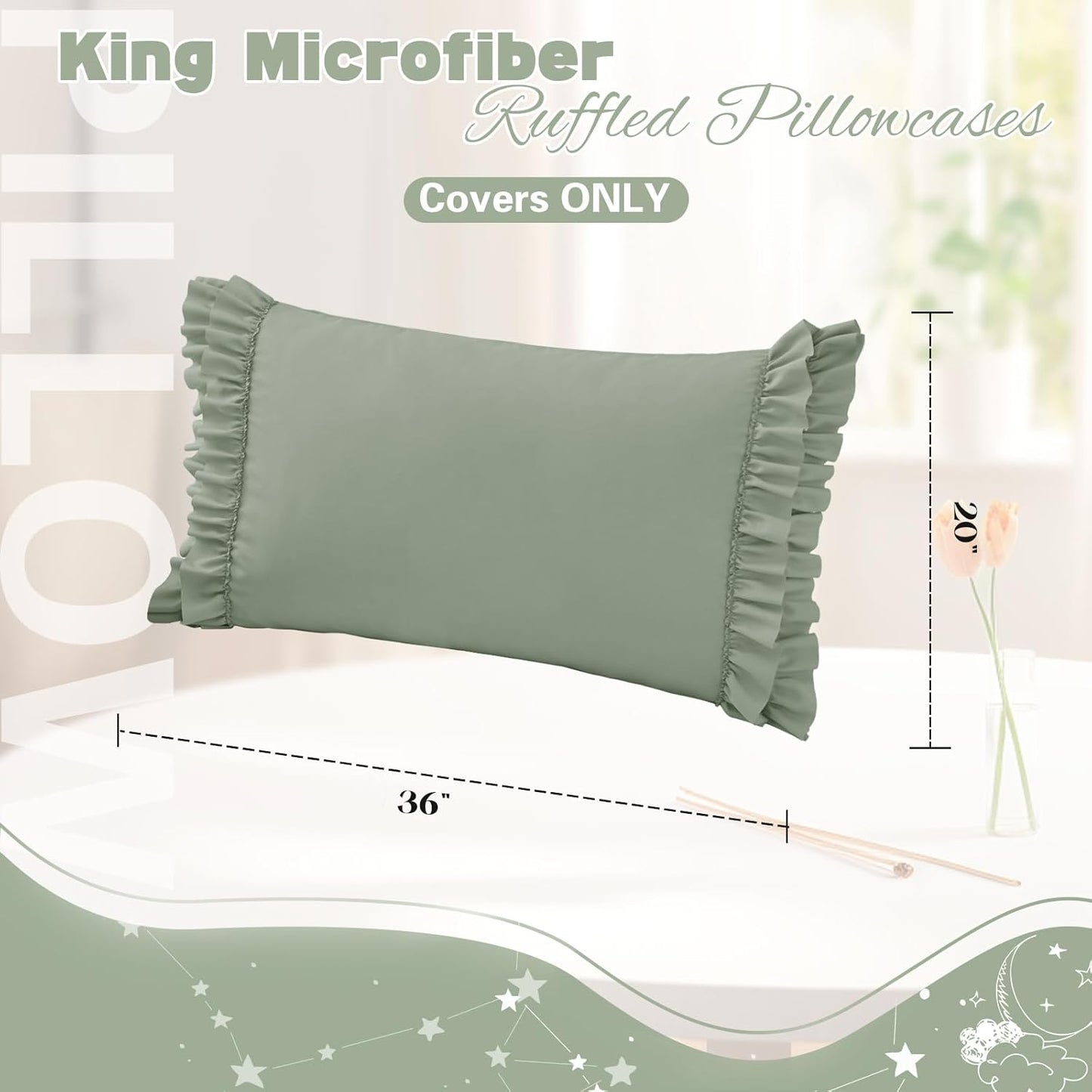 Ruffled Pillow Cases Set of 2, King Microfiber Pillowcases, Decorative Ruffle Pillow Covers with Envelope Closure, 20X36 Inches Sage Green Boho Pillow Shams
