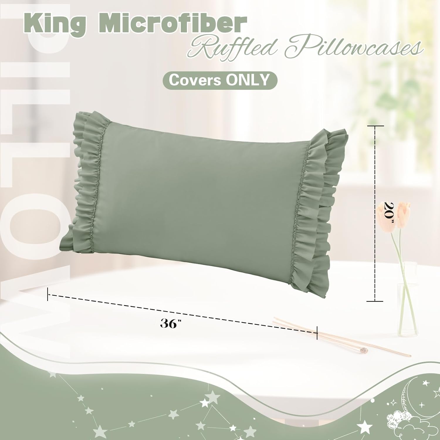 Ruffled Pillow Cases Set of 2, King Microfiber Pillowcases, Decorative Ruffle Pillow Covers with Envelope Closure, 20X36 Inches Sage Green Boho Pillow Shams