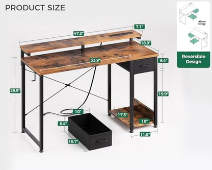 Gaming Desk with LED Lights & Power Outlet, 48 Inch Computer Desk with Drawers, Reversible Small Desk with Monitor Stand & Headphone Hook for Home Office, Rustic Brown