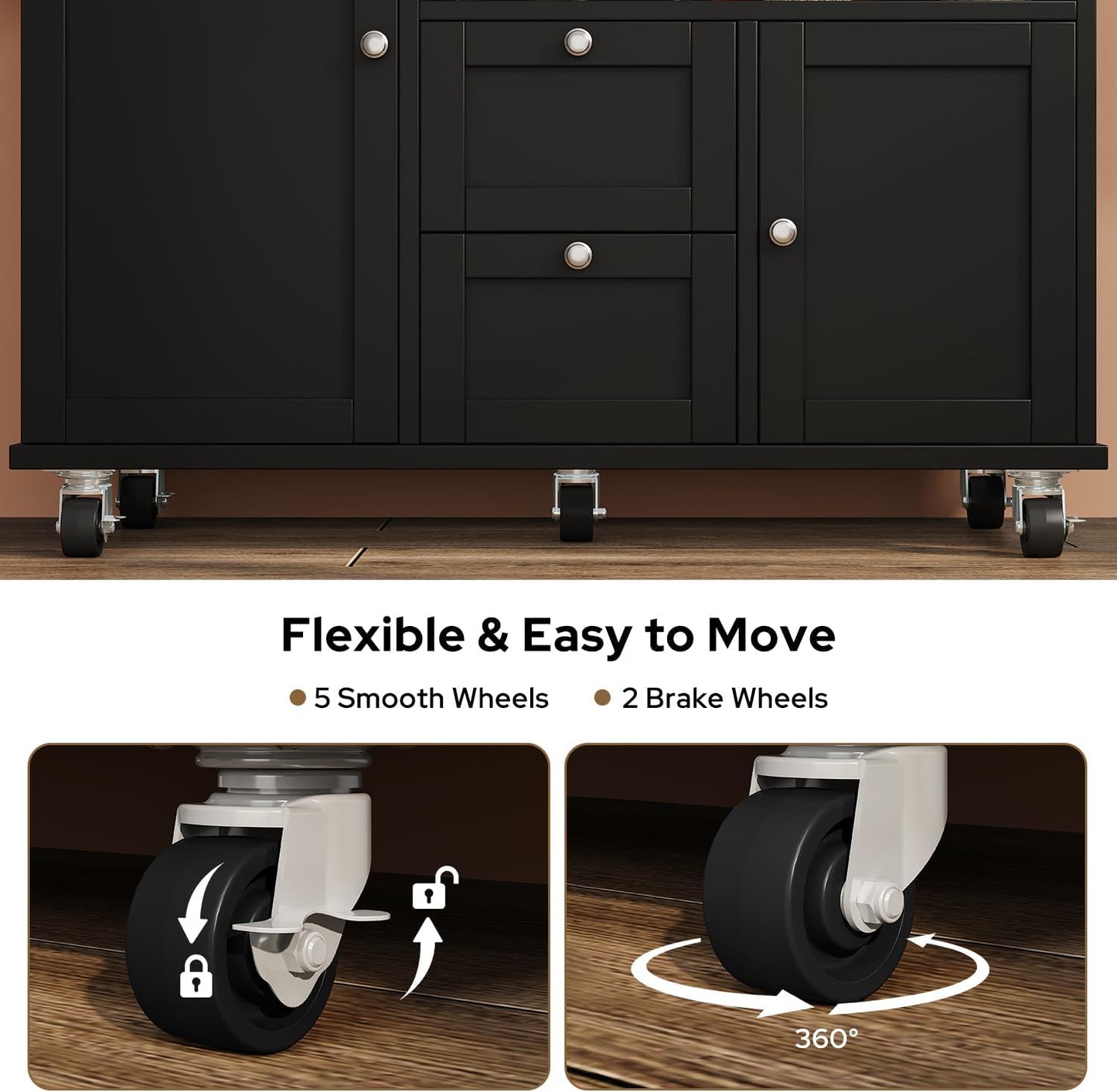 Rolling Kitchen Island with Storage Cabinet, 41.3'' Width Kitchen Cart with Desktop Drop Leaf Countertop, Portable Mobile Kitchen Island with Towel Rack, Spice Rack Shelf and Lockable Wheels, Black