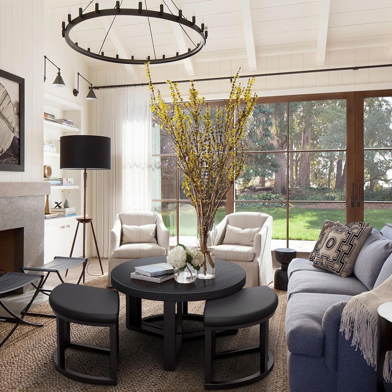 Round Coffee Table with Stools underneath - 30 Inch Small Modern Tables Set with 3 Chairs Ottomans Seating Seats Black Wood