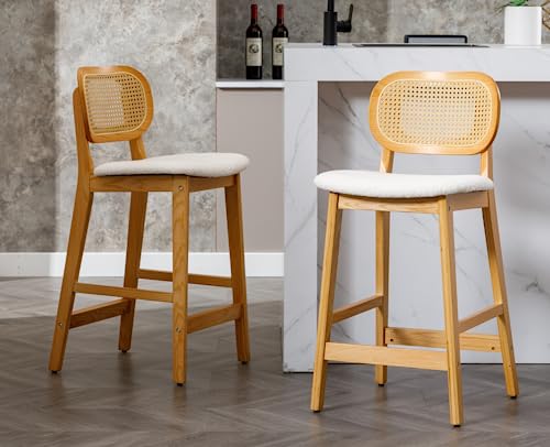 Rattan Counter Height Bar Stools Set of 3 Modern Farmhouse Barstools with Cane Backs 26 Inch Wood Counter Stool Breakfast Upholstered Bar Chairs for Kitchen Island, Boucle Beige