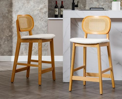 Rattan Counter Height Bar Stools Set of 3 Modern Farmhouse Barstools with Cane Backs 26 Inch Wood Counter Stool Breakfast Upholstered Bar Chairs for Kitchen Island, Boucle Beige