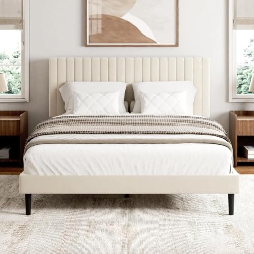 Queen Size Bed Frame with Velvet Upholstered Headboard, view 2