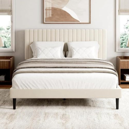 Queen Size Bed Frame with Velvet Upholstered Headboard, view 2