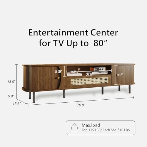 71" Fluted TV Stand with Sliding Doors, TV Consoles for Living Room, Walnut, view 3