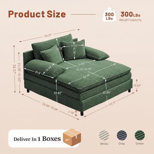 55" W Reclining Chaise Lounge Chair Indoor with 4-Gear Adjustable Backrest, view 3