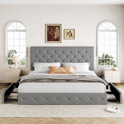 Upholstered King Size Platform Bed Frame with 4 Storage Drawers and Headboard, view 4