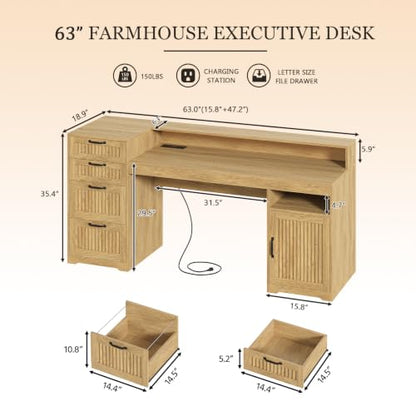 63" Fluted Computer Desk with 4 Drawers for Home Office, Bedroom, view 3