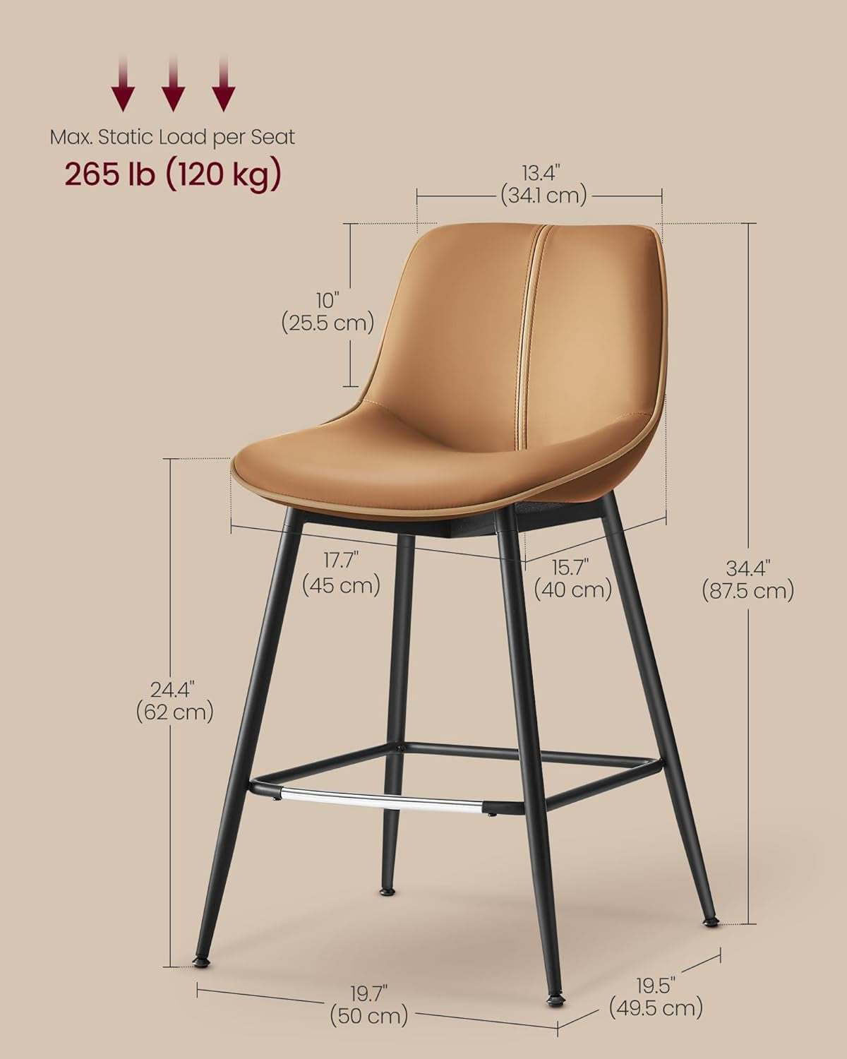Bar Stools Set of 2, Counter Height Bar Stools with Back, Ergonomic Backrest, Synthetic Leather, Metal Legs, 24.4-Inch Tall Barstools for Kitchen Island Home Bar, Easy Assembly, Caramel Brown
