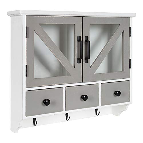 Hutchins Decorative Rustic Wood Wall Cabinet, 21" x 6" x 20", White and Gray, Farmhouse Decor Organizer with Magnetic Doors and Three Drawers