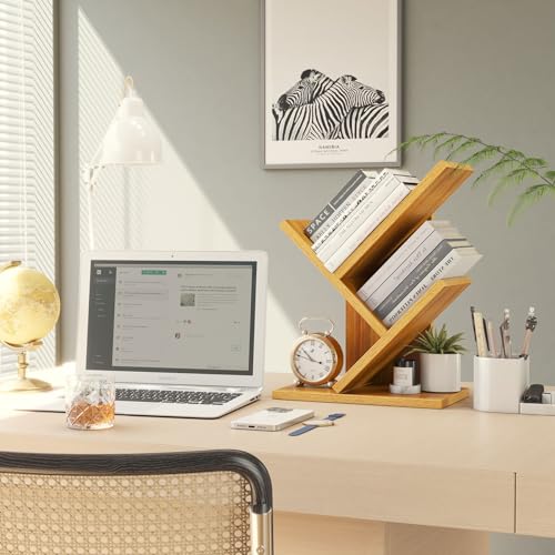 2 Tier Tree Bookshelf, Small Bookcase, Modern Wood Book Storage Rack Organizer, Freestanding Book Shelf for Books/Movies/CDs, Display Rack for Bedroom, Home Office, Natural UHBC012N