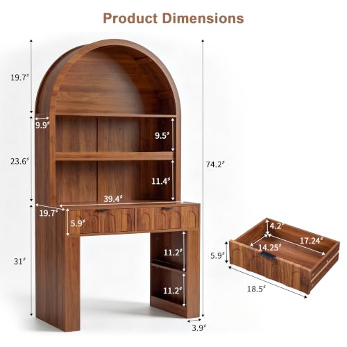 Arched Office Desk with Hutch, Walnut, Desktop 39.4" Wx 19.7" D, view 3