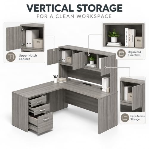71" L Shaped Executive Desk with Hutch, Built-In Power & Storage Cabinet, view 6