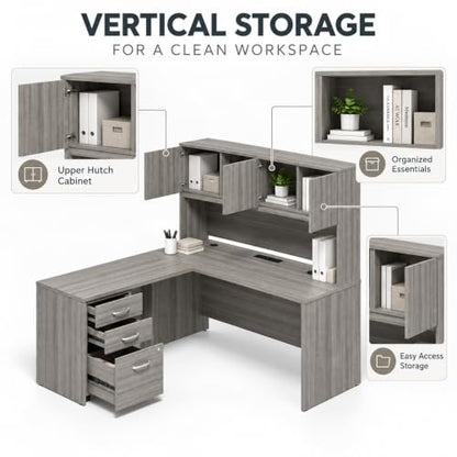 71" L Shaped Executive Desk with Hutch, Built-In Power & Storage Cabinet, view 6