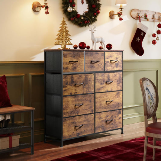 9-Drawer Dresser, Fabric Storage Tower for Bedroom, Hallway, Entryway, Closet, Tall Chest Organizer Unit with Fabric Bins, Steel Frame, Wood Top, Easy Pull Handle, Rustic Brown Wood Grain Print