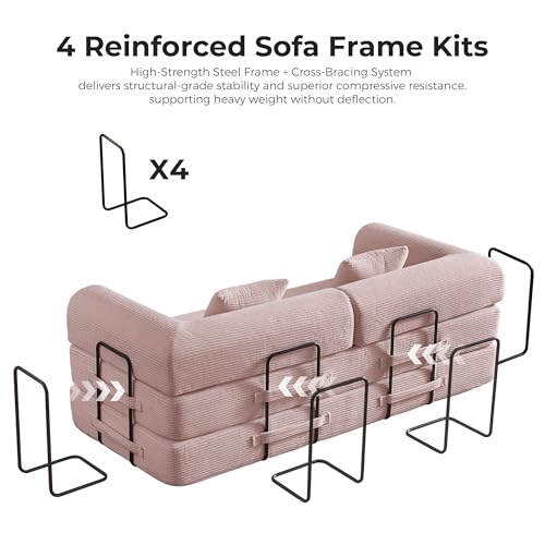 79" 5-in-1 Convertible Sofa Bed No Assembly, Boneless Couch Bed with High Density Foam, Foldable Sleeper Sofa, Corduroy Modular Couch for Apartment, Studio, Dorm Room, Small Space,Pink