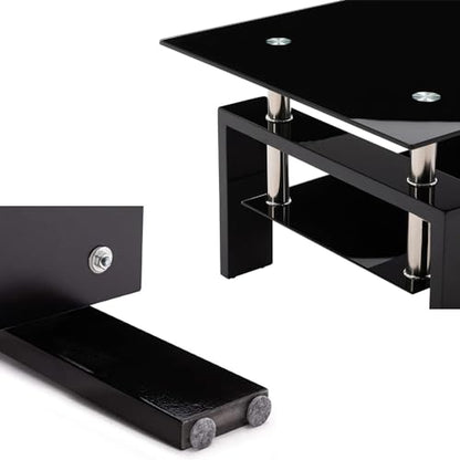 Black 2 tier glass top coffee table with wooden legs, view 4