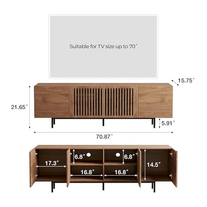 71" Mid-Century TV Stand 4 Cabinets Walnut Media Console, view 3