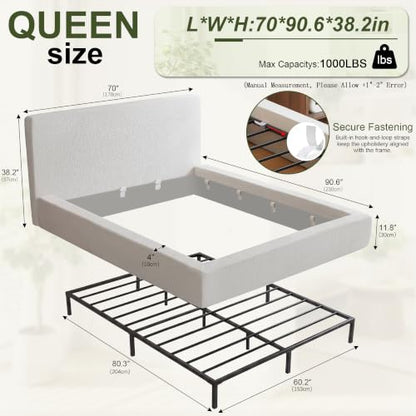 Queen Cloud Bed Frame with Headboard, No Box Spring Needed, White-Style A, view 3