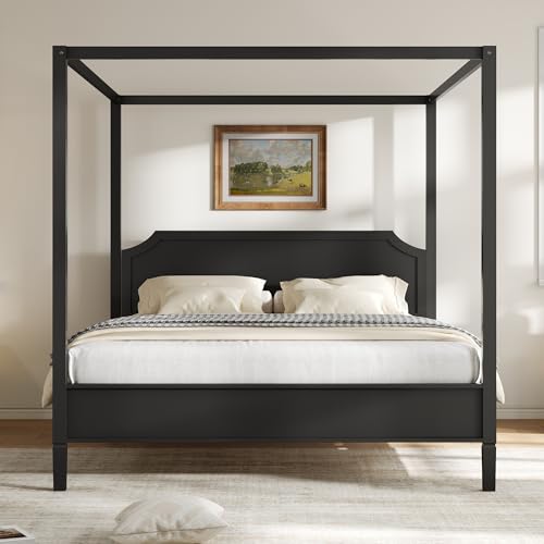Canopy Bed Frame King with Headboard and Under-Bed Storage Space, Black, view 4