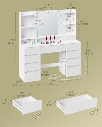 43.3-Inch Vanity Desk with Mirror and Lights, 9 Drawers, view 3