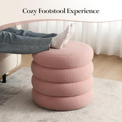 20.1 Inch Round Storage Ottoman, Modern Sherpa Ottoman Coffee Table with Removable Top, Pink Vanity Stool with Storage for Bedroom, Living Room, Dorm, Set of 1