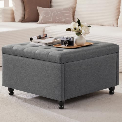 Grey Tufted Square Ottoman with Storage, Solid Wood Frame, view 2