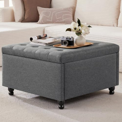 Grey Tufted Square Ottoman with Storage, Solid Wood Frame, view 2