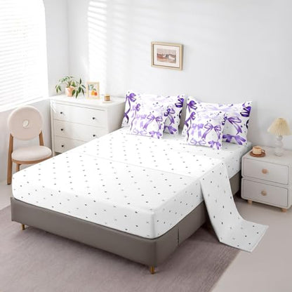 Purple Bowknot Comforter Set 7 Pieces Twin,Girly Bedroom Gift 3D Watercolor Bow Bedding Set,Romantic Bowknot Kids Bedroom Gift (Comforter+Fitted+Flat Sheet+2 Pillowcases+2 Throw Pillow Covers)