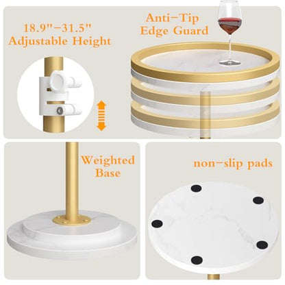 Small Side Table, Drink Table, Height Adjustable Round End Table, Pedestal Side Table for Small Spaces in Living Room, Bedroom, Gold
