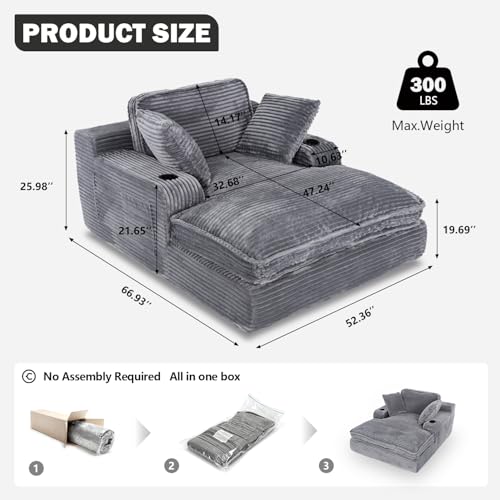 67" Oversized Chaise Lounge Chair Indoor, Soft Boneless Cloud Couch, Gray, view 3