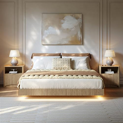 Bedroom Furniture Set-Bed with 2 Nightstands, Mid Century Modern Bedroom Set, Floating Bed Frame Led Lights, Fluted Floating Room Furnitures, 3-Piece Room Set (Nbh, Queen)