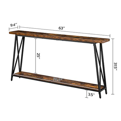 Console Table for Entryway, 63" Industrial Entryway Table, 2-Tier Extra Long Sofa Table Behind Couch, X-Shaped Support, for Entryway, Hallway, Living Room, Rustic Brown CTHR4801Z