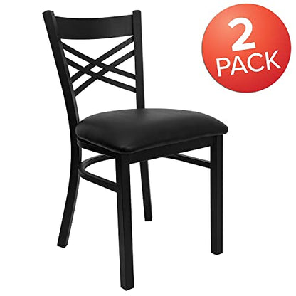 Hercules Series "X" Back Metal Restaurant Chairs, Modern Upholstered Armless Dining Chairs for Restaurants/Kitchens, Set of 2, Black