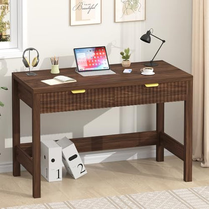 Fluted Computer Desk with 2 Drawers, 39 Inch Small Computer Desk with Storage, Compact Writing Study Desk for Small Spaces, Walnut