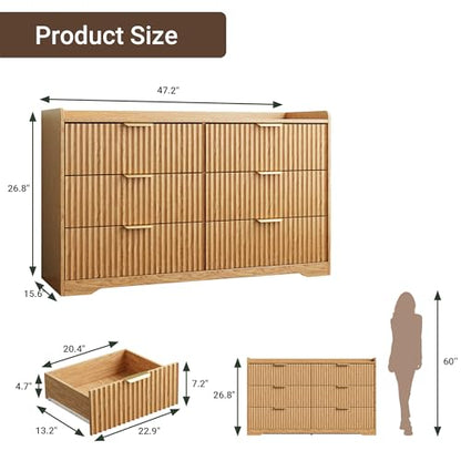 Fluted Dresser for Bedroom 6-Drawer Chest of Drawers, Natural Oak, view 3