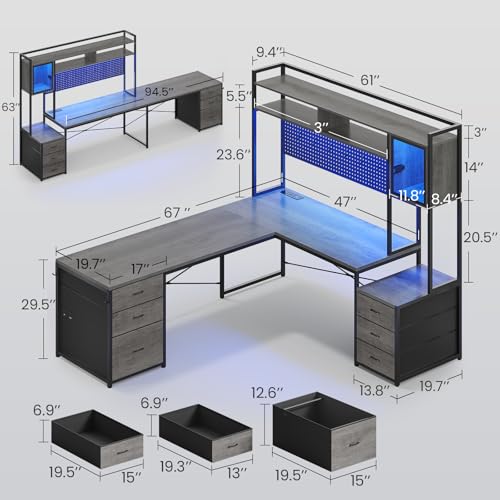 L Shaped Gaming Desk with Drawers, Reversible Computer Corner Desk with File Drawer, Hutch, Storage Shelves for Home Office, Gaming Two Person Desk with Led Lights, Power Outlet, Grey