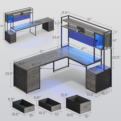 L Shaped Gaming Desk with Drawers, Reversible Computer Corner Desk with File Drawer, Hutch, Storage Shelves for Home Office, Gaming Two Person Desk with Led Lights, Power Outlet, Grey