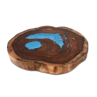 Crystal Clear Epoxy Resin Natural Edge Wood end Table, Wood Resin Side Table Hand Made Craft Coffee Table with Hairpin legs-20 inch Tall (Night Glow)