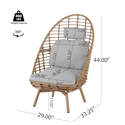 Ellis Swivel Lounge Chair Outdoor, High Back Comfy Reading Chair with Cushion, Iron Frame Wicker Accent Chair, Single Sofa Chair Patio Furniture Set, Light Brown+Light Gray
